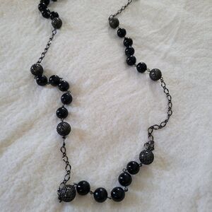 Black Beaded Necklace, with large metal accent beads